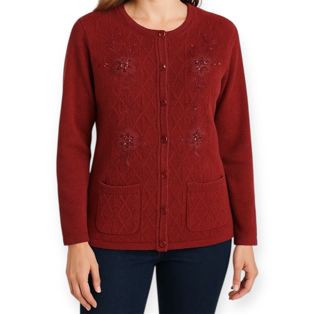 Jenny Red Floral Embroidered Button Up Cardigan Sweater Grandmacore Size‎ Medium